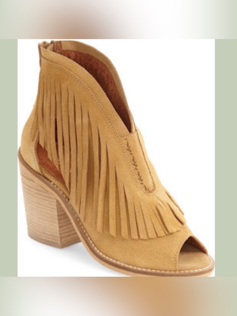 Musse & Cloud Open Toe Tan Suede Fringe Heels size 10.